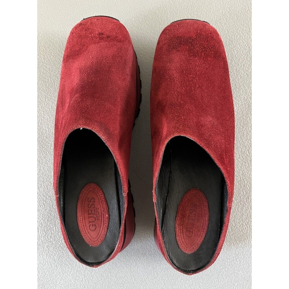 VTG Guess Sport Burgundy Suede Leather Clogs Mules Chunky Square Toe Sz 10 Y2K